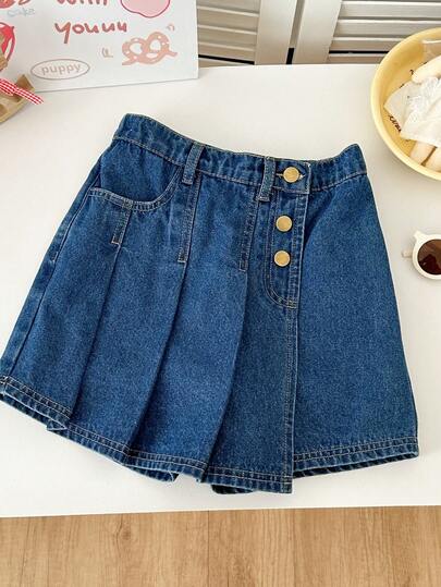 Genkimix Kids 少女牛仔短裤，新款休闲复古水洗蓝牛仔短裤，前片褶裥裙摆设计，复古优雅风格，女孩时尚必备单品