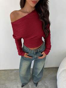 Aloruh Blusa de manga larga ajustada con cuello asimétrico de punto grueso y plisado de unicolor - Rojo - Ver 6