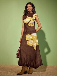 Felipe Marques Women's Floral Jacquard Knit A-Line Skirt, Suitable For Party And Casual Wear In Autumn And Winter - Brown - View 7