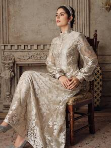 Anewsta 女士新款优雅喇叭长袖刺绣连衣裙，杏色/香槟色，适合派对、生日、情人节等场合 - 杏色 - 查看 7