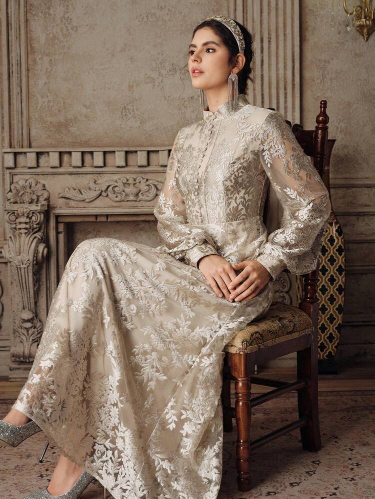 Women's New Elegant Flared Long Sleeve Embroidered Dress, Apricot/Champagne Color, Suitable For Party, Birthday, Valentine's Day