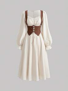 SHEIN MOD Pleated Bust Adjustable Strap Front Ruffle Sleeve Dress - Apricot - View 1