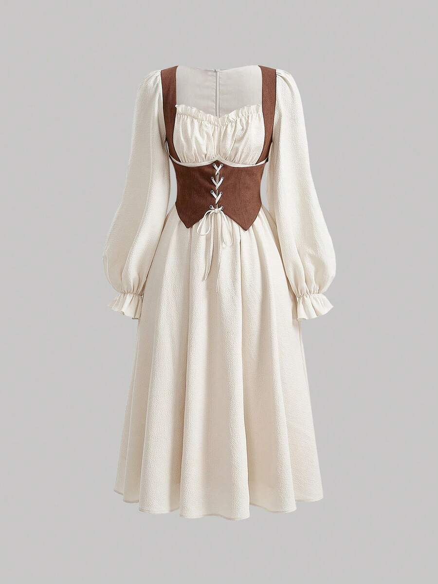 SHEIN MOD Pleated Bust Adjustable Strap Front Ruffle Sleeve Dress - Apricot - View 1