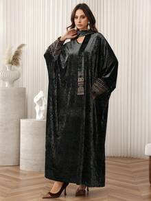 Al Najma 优雅丝绒刺绣拼接袖宽松休闲长款束腰上衣 - 黑色 - 查看 4