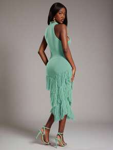 NYA SZN 无袖高领流苏修身罗纹针织连衣裙，弹力面料，适合特殊场合、度假、婚礼、外出、机场等，可爱复古风，秋冬季通勤皆宜，女士必备单品 - 淺藍色 - 查看 2