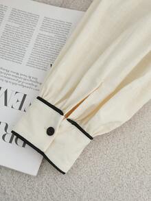 Franclia Siren Gaze 女士加大码上衣，100% 纯棉撞色滚边长袖衬衫，立领棉质衬衫，秋冬季，纽扣衬衫，西部风格上衣，纽扣衬衫，西部衬衫，女士西部纽扣衬衫，感恩节衬衫，女士休闲衬衫，校服衬衫，优雅女士衬衫 - 米色 - 查看 8