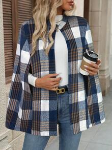EMERY ROSE 女士格子披肩袖优雅宽松羊毛大衣，秋冬款 - 藍色 - 查看 1