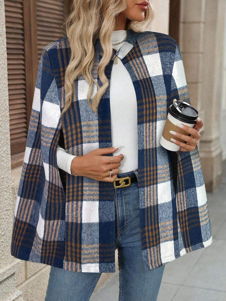 EMERY ROSE 女士格子披肩袖优雅宽松羊毛大衣，秋冬款 - 藍色 - 查看 1
