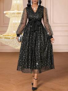 SHEIN Lady 时尚派对黑色箔网纱连衣裙 - 黑色 - 查看 9
