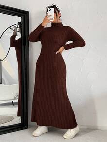 SHEIN EZwear 大码巧克力棕色立领长袖休闲舒适罗纹针织连衣裙 - 巧克力棕 - 查看 5