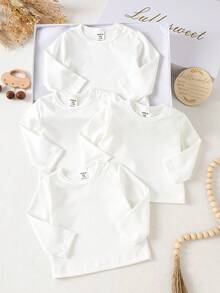 新生儿白色长袖T恤，百搭亲肤，简约风格，舒适上衣，多件装 - 白色 - 查看 3