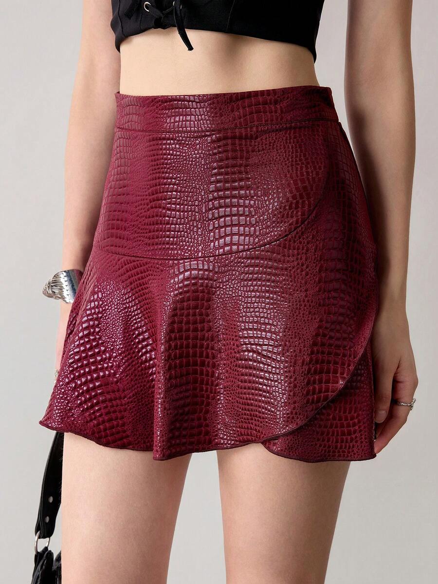 Ardnt Burgundy Autumn Seductive Night Skirt,Goth Y2K Punk American Street Style High Waist Layered Asymmetric Red Leather Skorts For Women - Burgundy - View 1