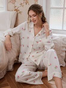 Bộ đồ ngủ dài tay cổ bèo nhún in hoa dành cho nữ - Nhiều màu - Xem 1