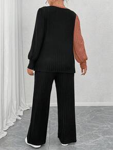 EMERY ROSE Plus Size Crew Neck Long Sleeve Soft Knit Ribbed Colorblock Asymmetrical Patchwork Top And Soft Knit Ribbed Straight Leg Pants Casual Loungewear 2 Pieces Set - Multicolor - View 2