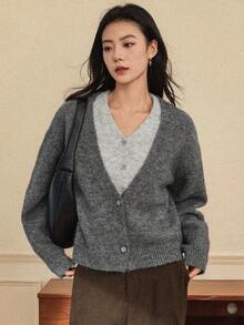 Dazy-Less Áo khoác cardigan trơn màu thường ngày dành cho nữ, đa năng cho mùa thu/đông - Xám - Xem 4