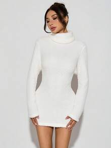 SHEIN PETITE 1pc Women White Fuzzy High Neck Long Sleeve Bodycon Dress - White - View 4
