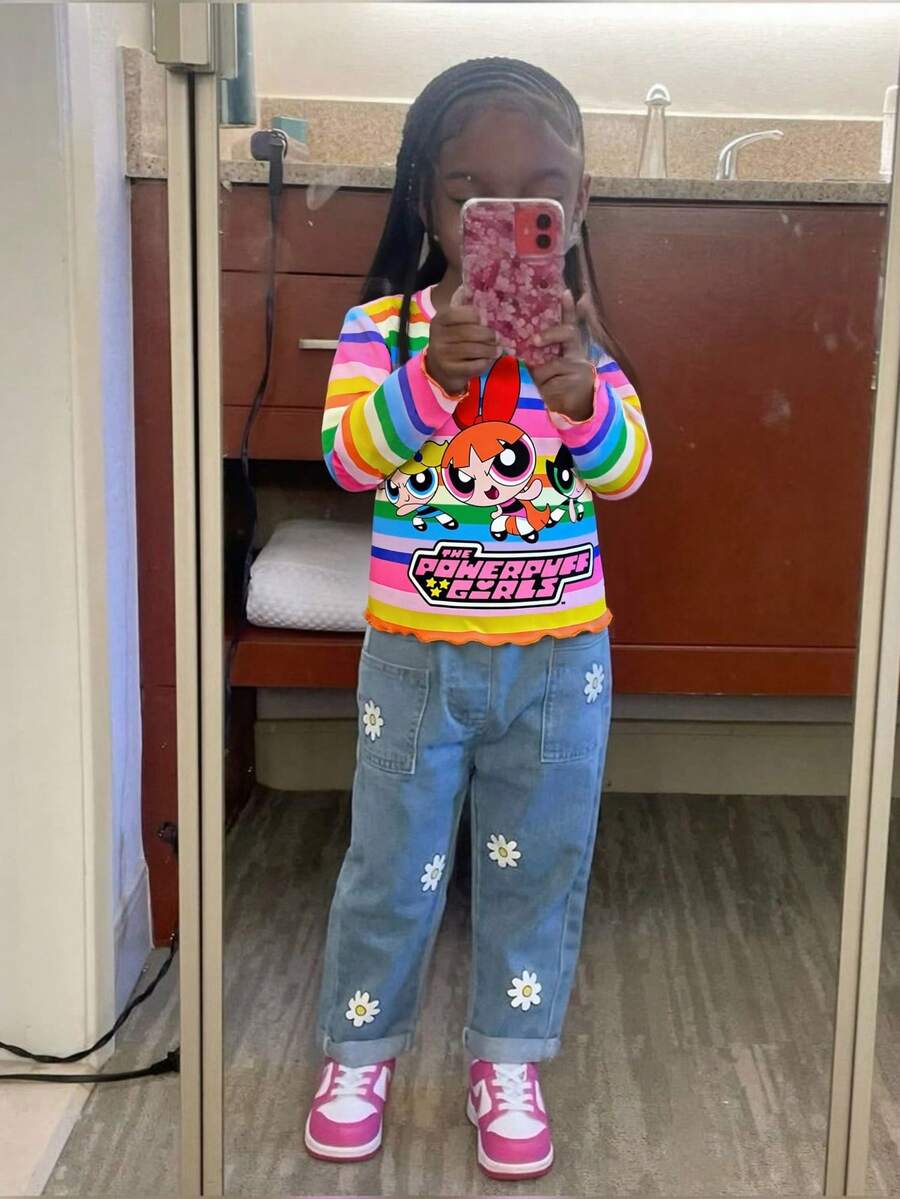 THE POWERPUFF GIRLS X SHEIN 小女孩可爱卡通花朵、泡泡、毛茛图案彩色条纹圆领长袖针织T恤 - 彩色 - 查看 1