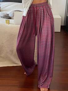 DAZY Plaid Loose Drawstring Waist Wide Leg Women Lounge Pants - Burgundy - View 5