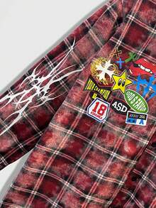 ROMWE MEN Áo sơ mi nam tay dài, đơn hàng khuy, họa tiết chữ và kẻ caro - Nhiều màu - Xem 3