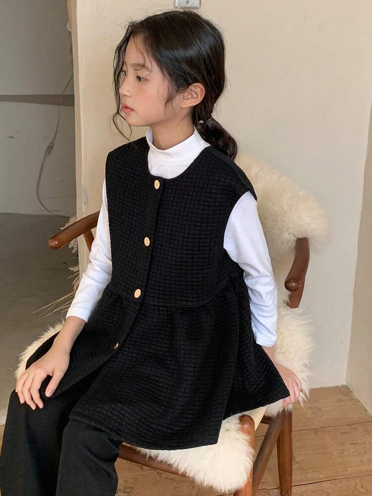 Tween Girl Solid Color Single-Breasted Ruffle Hem Vest Jacket