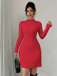 Selianne Váy dệt kim dài tay cổ đứng ôm sát màu trơn dành cho nữ - Đỏ - Xem 4