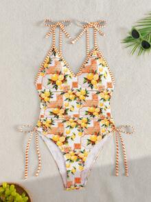 Swim Mod 春假女士新款印花随机多色侧系带性感优雅度假简约连体泳衣 - 彩色 - 查看 5