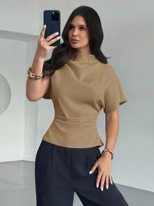 Firerie Áo cánh vải lanh tre màu mơ, cổ bẻ, tay áo bất đối xứng, eo nhún, dáng ôm vừa vặn, dành cho nữ, mọi mùa - Lạc đà - Xem 6