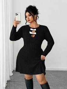 SHEIN Elenzya 女士纯色蝴蝶结优雅派对毛衣连衣裙 - 黑色 - 查看 5