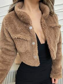 Jemour Chaqueta corta de tipo teddy con bolsillo con solapa para otoño/invierno - Caqui - Ver 3