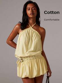 Athîral Vestido mini de mujer con diseño de volantes en el dobladillo, con hebilla y ojales en la cintura y cuello de halter de un solo color