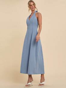 COSMINA Denim 女士V领A字牛仔连衣裙，优雅休闲连衣裙，适合工作、日常穿着、机场穿搭，露背牛仔连衣裙 - 藍色 - 查看 5