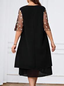 Miaspire 女式大码休闲宽松网眼拼布连衣裙 - 黑色 - 查看 2