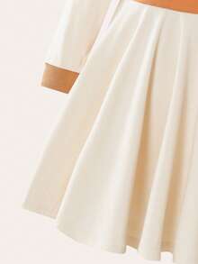 女童休闲翻领刺绣弹力撞色彼得潘领长袖连衣裙，时尚百搭，优雅大方，适合秋冬季穿着 - 卡其色 - 查看 4