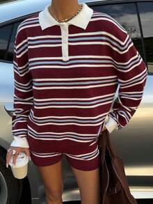 Muchica Women's Colorful Striped Knitted Polo Neck Sweater And Shorts Set For Going Out Outfits, Back To School, Streetwear - Multicolor - View 6