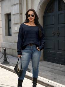 SHEIN CURVE+ 大码女式套头毛衣，宽松圆领针织衫，休闲舒适风格，适合秋冬季、万圣节、圣诞节、返校季穿着。 - 寶藍色 - 查看 3