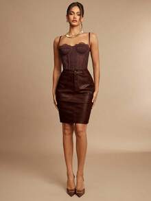 Silquee Falda casual minimalista de unicolor para mujer - Burdeos - Ver 6