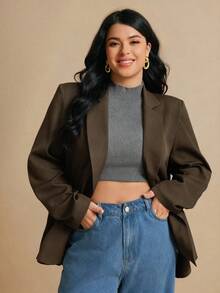 Elaquor Plus Size Women's Solid Color Lapel Collar Long Sleeve Single Button Casual Blazer Jacket, Autumn