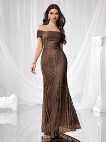 Coutiva 优雅刺绣露肩鱼尾裙摆正式晚礼服，适合婚礼宾客、毕业典礼、派对、圣诞节、秋冬季节、情人节等场合穿着。 - 棕色 - 查看 4