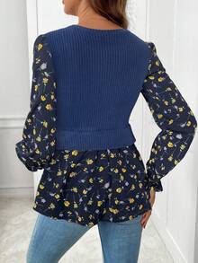 SHEIN 孕妇拼布碎花圆领长袖休闲哺乳上衣 - 藏蓝色 - 查看 2