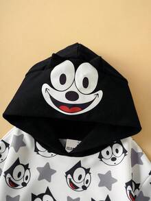 SHEIN Felix The Cat Young Girl Cute Cartoon Cat Pattern Sweatshirt, Black & White Adorable Graphic Long Sleeve Sweatshirt - Black - View 3