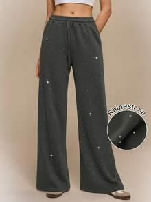 Hanevo Women's Fashion Rhinestone Embellished High Waist Drawstring Loose Fit Straight Leg Sweatpants Fall Cloth For Women - Dark Grey - View 1