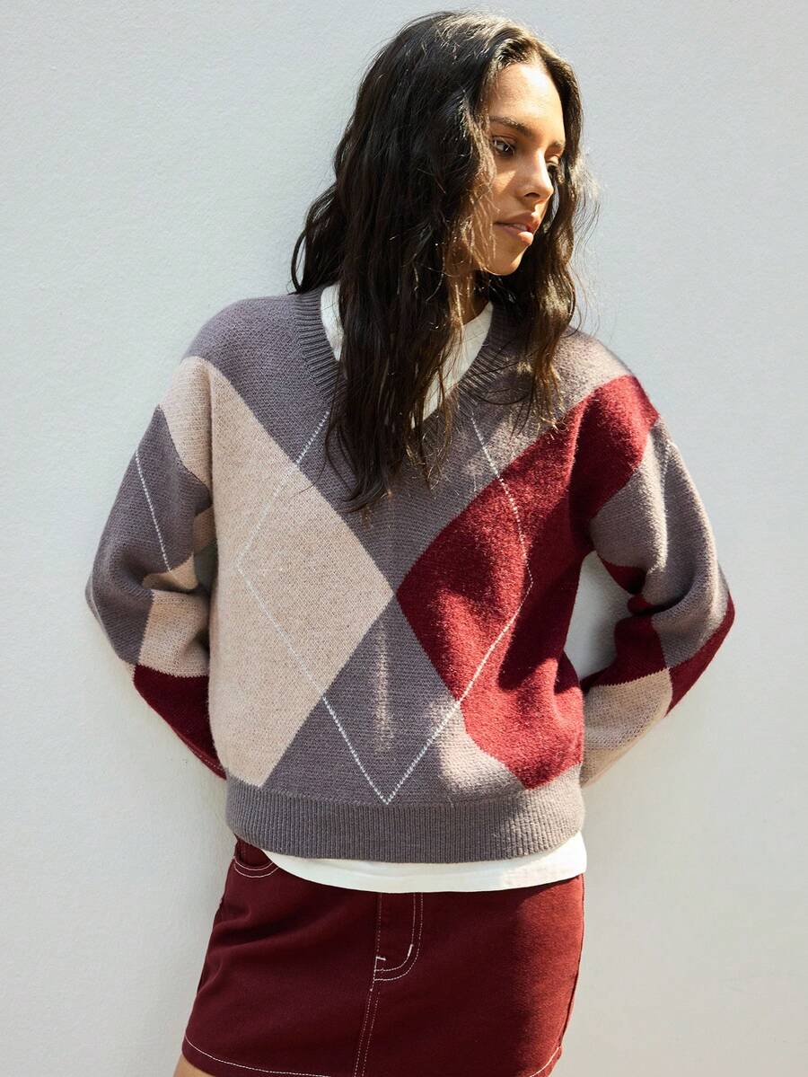 Maija Áo len nữ cổ chữ V kẻ caro hình học dáng rộng, mềm mại, thoải mái, phong cách tối giản thanh lịch, thời trang công sở cho mùa xuân/hè, phù hợp đi làm, văn phòng, đi học, hẹn hò. - Nhiều màu - Xem 1