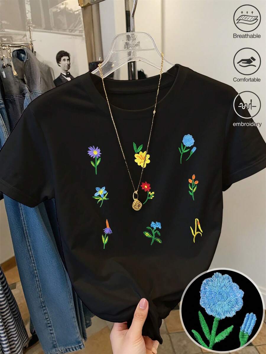 Resyla 花卉刺绣时尚简约女式圆领短袖T恤,送朋友的礼物 - 黑色 - 查看 1