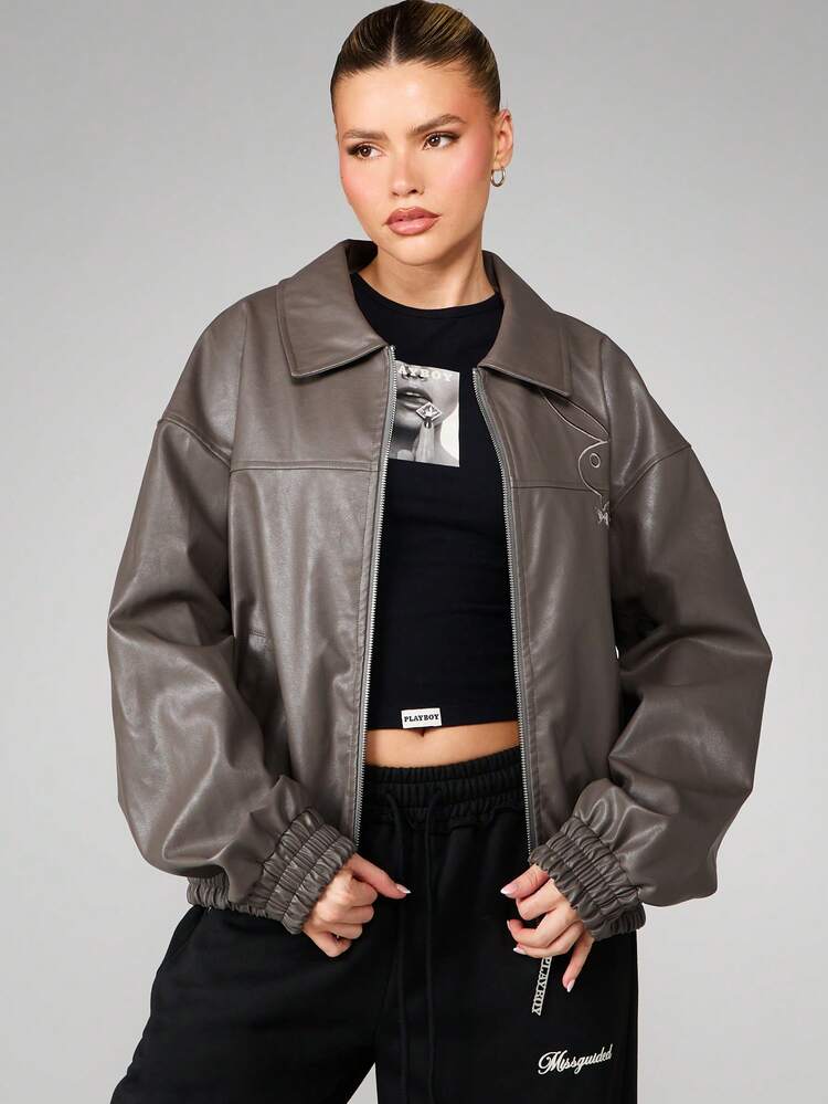 Missguided x Playboy Oversized Zip Through Collared Bomber Jacket With Star Logo Embroidered Back Design Ribbed Cuffs And Hem Fall Winter
