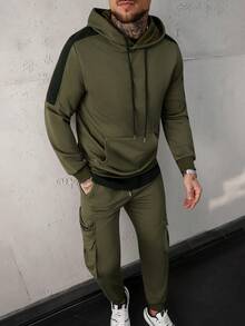 SLATEMANN 2 件套男士休闲纯色抽绳连帽运动衫和工装裤，秋季服装 - 軍綠色 - 查看 3