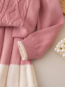 Girls Collared Twist Rope Long Sleeve Sweater Dress Set, Cute & Minimalist Style Girls Sweater Sets Girls Spring Autumn French Style Dress Girl Clothes Autumn And Winter Clothes Girl Clothes Skirt Set Girls Dress Winter Girls Winter Clothes Girls Autumn Clothes Girls French Style Dress - Pink - View 4