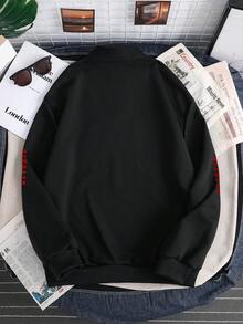 Manfinity Joysei Ink Night Black ITALIA MILANO Stand Collar Sweatshirt | Italian Flag Badge Half-Zip Top | Sleeve Letter Decorated Casual Pullover | #EuropeanStyle# Victory Badge Sports Item,Men's Letter Print Casual Versatile Long Sleeve Pullover Pullover Sweatshirt - Black - View 4