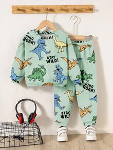 男婴休闲柔软舒适可爱卡通动物恐龙扎染 Y2K 宽松圆领针织毛衣和裤子套装，适合秋冬季 - 彩色 - 查看 2