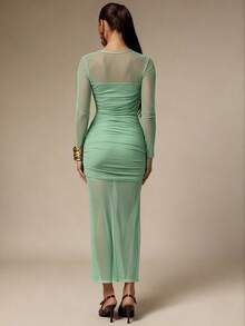 Silquee Women's Solid Color Round Neck Raglan Sleeve Ruched Fashionable Sheer Dress - Mint Green - View 2