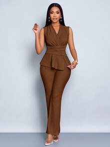 SOLERSUN Elegant Workwear Waist-Cinching Suit - Coffee Brown - View 7